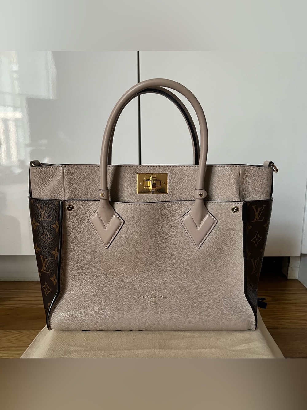 Louis Vuitton Beige Pink Leather Satchel with Monogram Panels